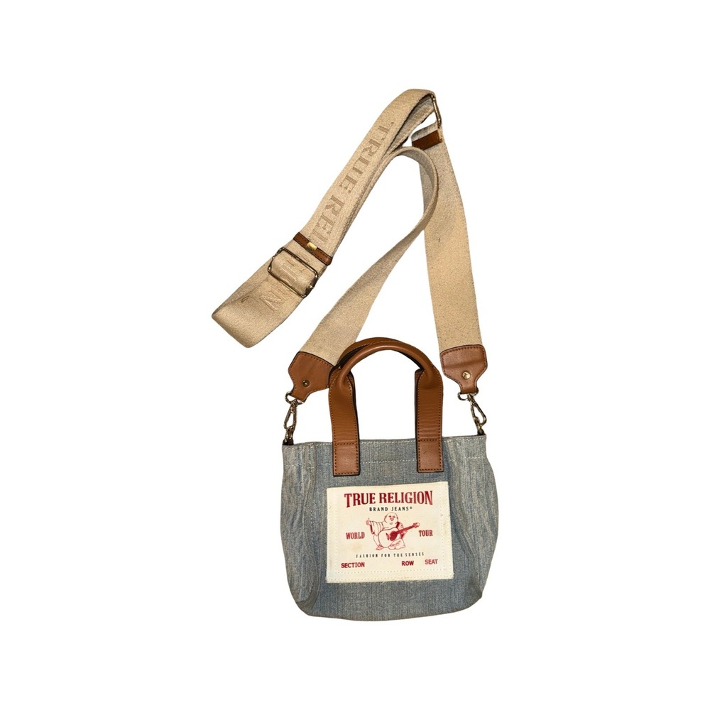 True Religion Denim Mini Tote Bag Womens Small Blue Good Leather Trim Crossbody